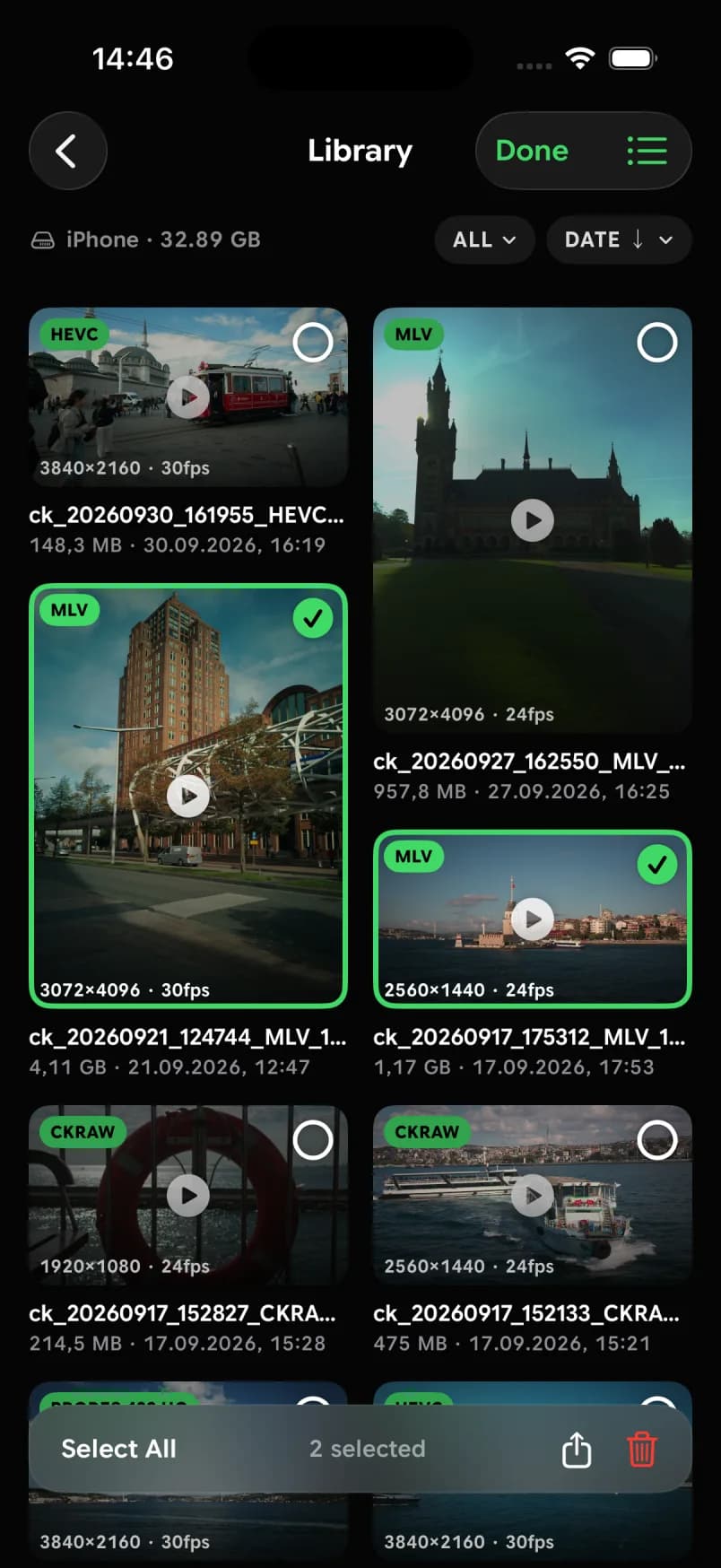 CinemaKit library showing MLV, HEVC and CKRAW clips with resolution and frame rate